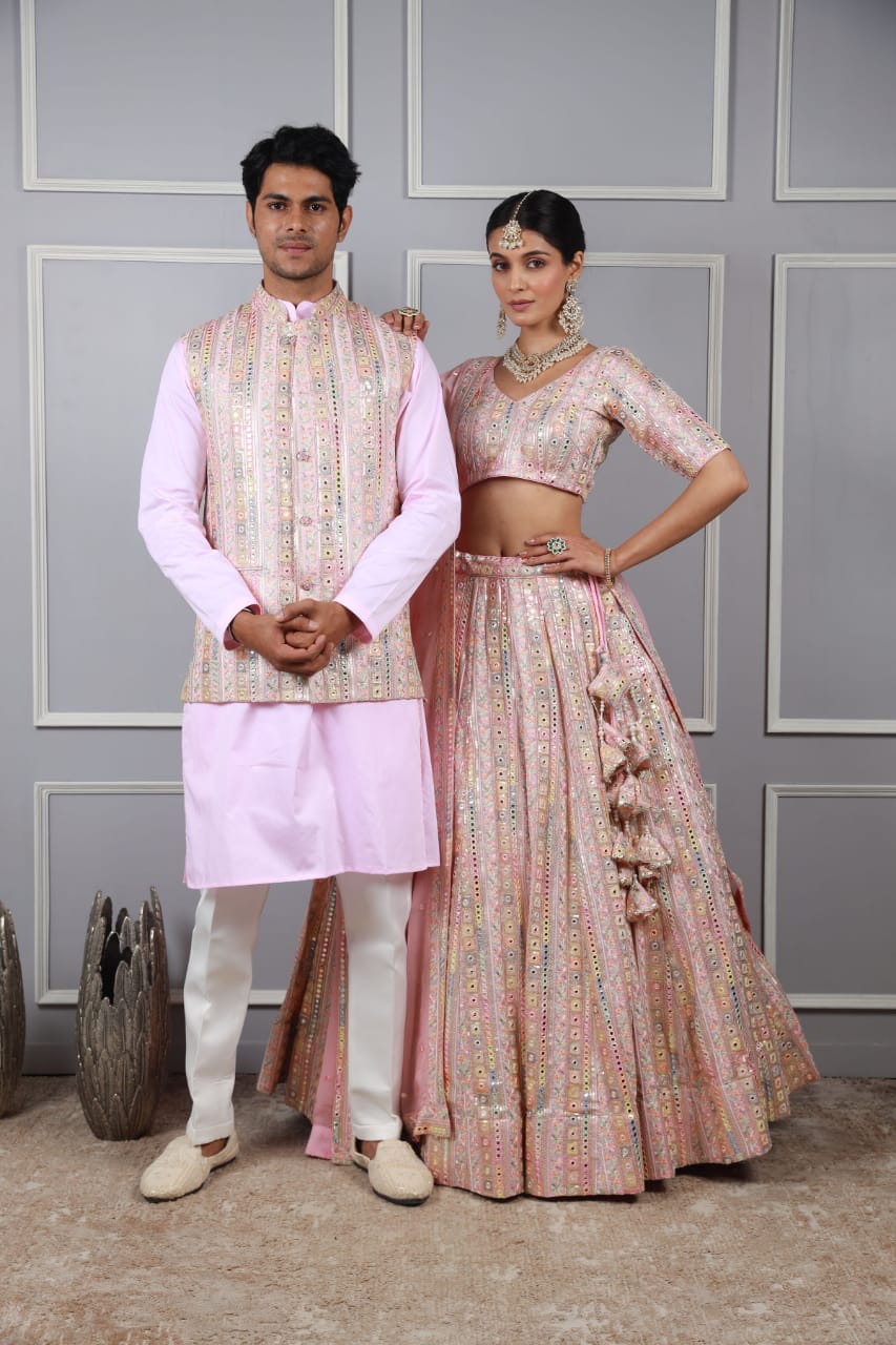Rimjhim Pink Georgette Multi Mirror and Thread Work Couple Set