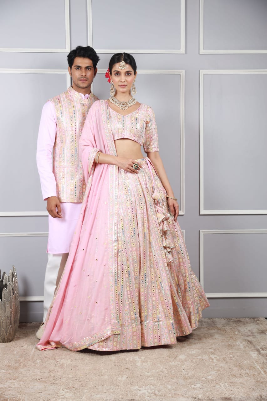 Rimjhim Pink Georgette Multi Mirror and Thread Work Couple Set