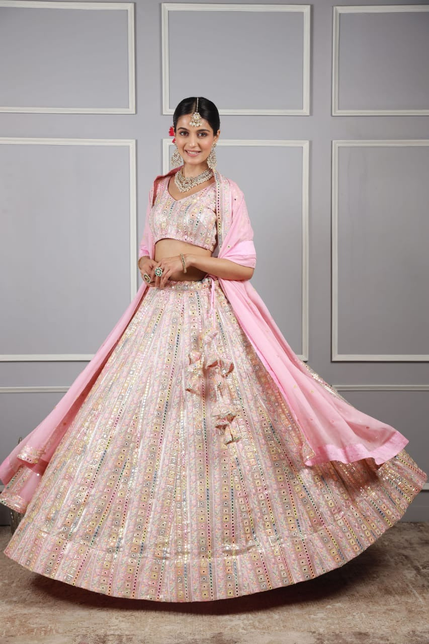 Rimjhim Pink Georgette Multi Mirror and Thread Work Couple Set