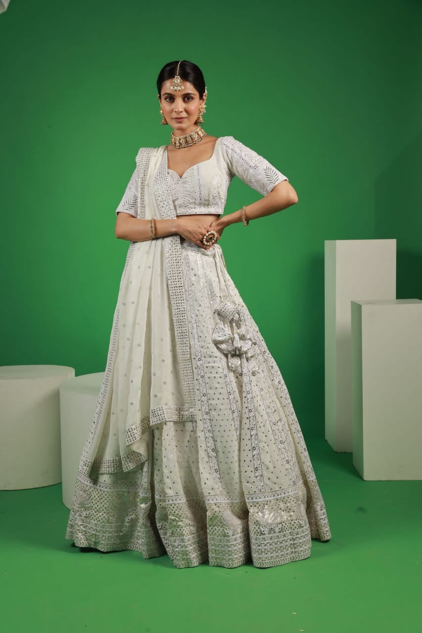 Sparkling Off White Georgette Zari Mukesh Work Lehenga Set