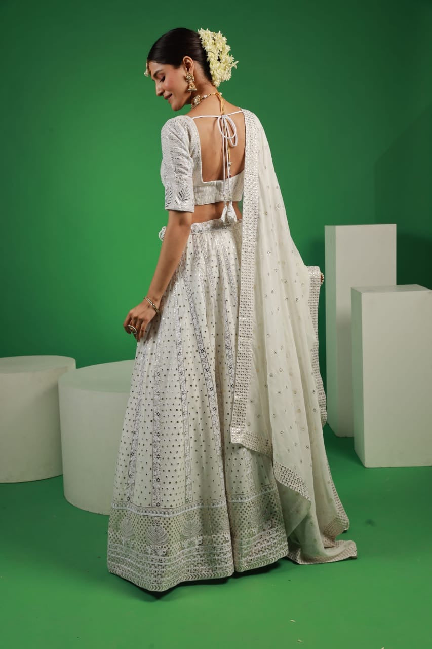 Sparkling Off White Georgette Zari Mukesh Work Lehenga Set