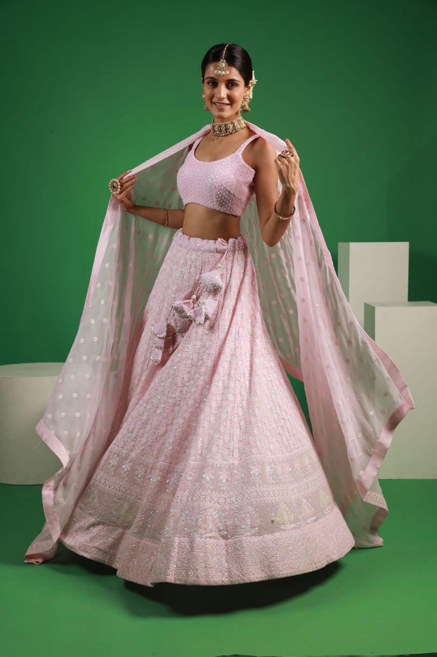 Pink Georgette Rainbow Sequence Embroidery Lehenga Set