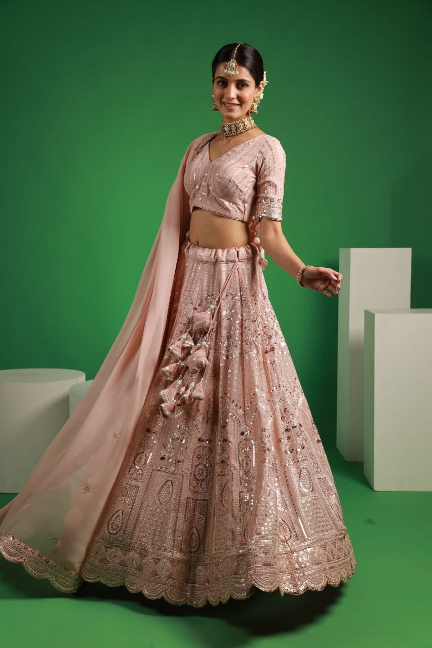 Georgette Rose Gold Sequence Embroidery Lehenga Set