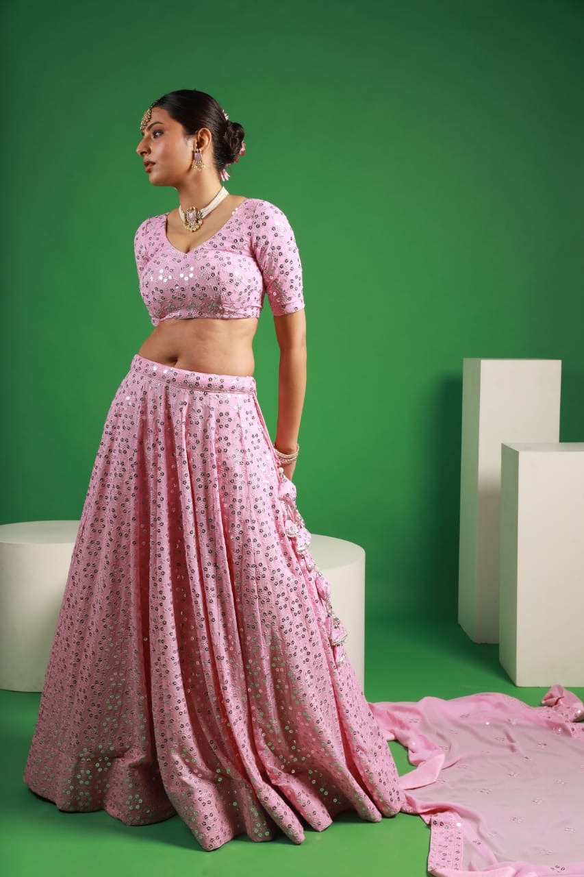 Pink Georgette Mirror Embroidery Couple Set