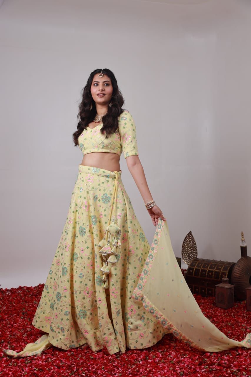 Floral Light yellow Georgette multi colour sequence lehenga set