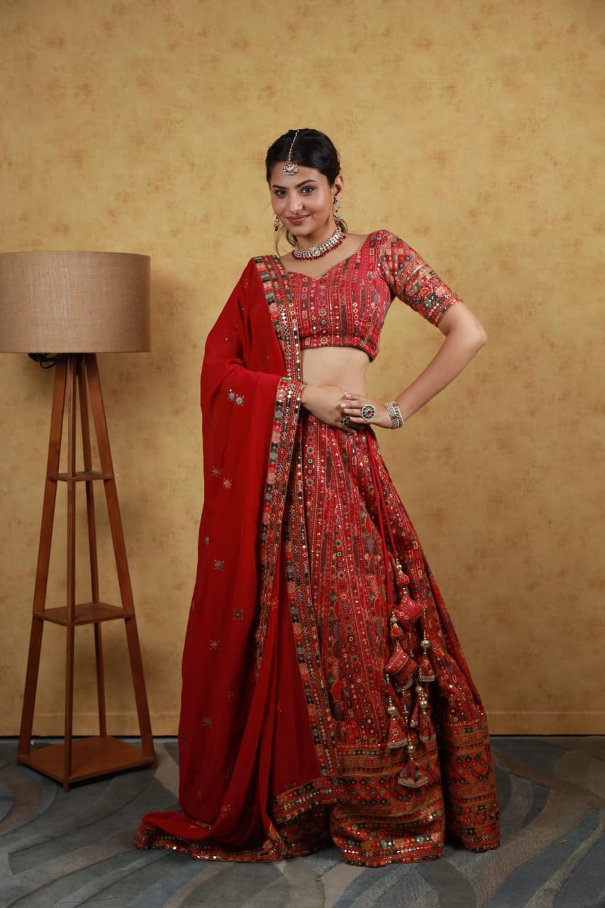 Reddish georgette multi embroidery lehenga set