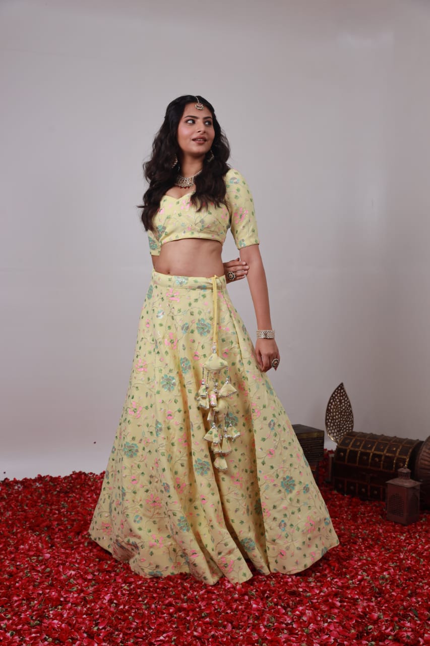 Floral Light yellow Georgette multi colour sequence lehenga set
