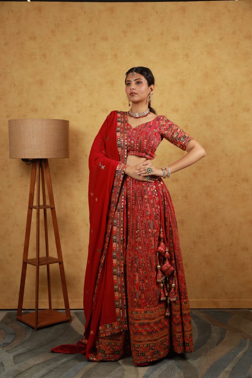 Reddish georgette multi embroidery lehenga set