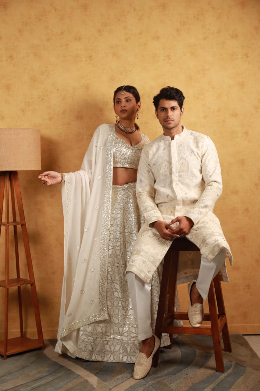 Tiara Off white Georgette sequence embroidery couple set