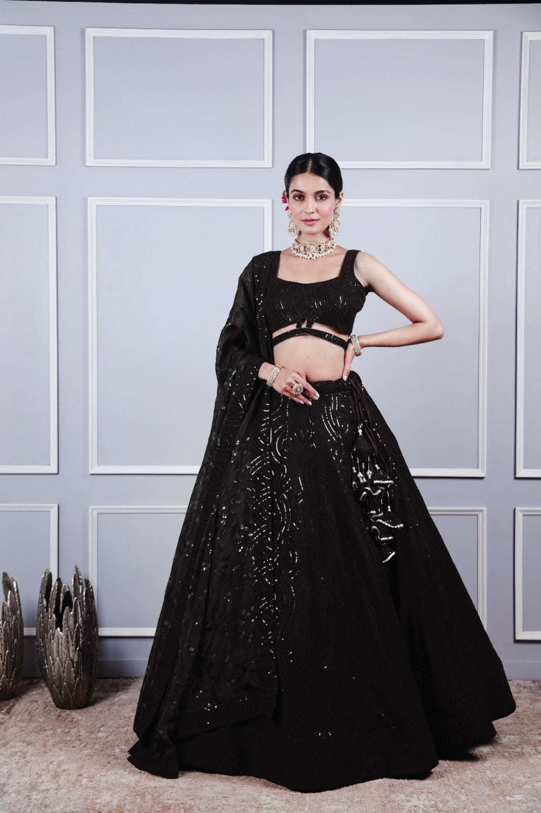 Black Georgette Tone-to-Tone Sequence Embroidery Lehenga Set.