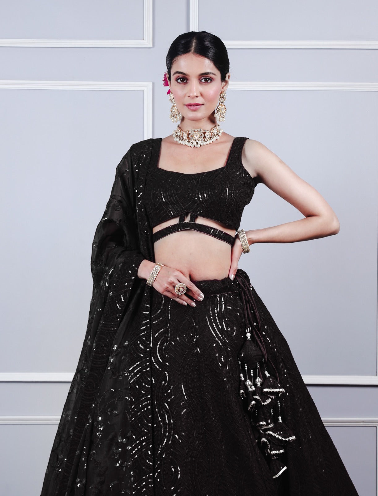 Black Georgette Tone-to-Tone Sequence Embroidery Lehenga Set.
