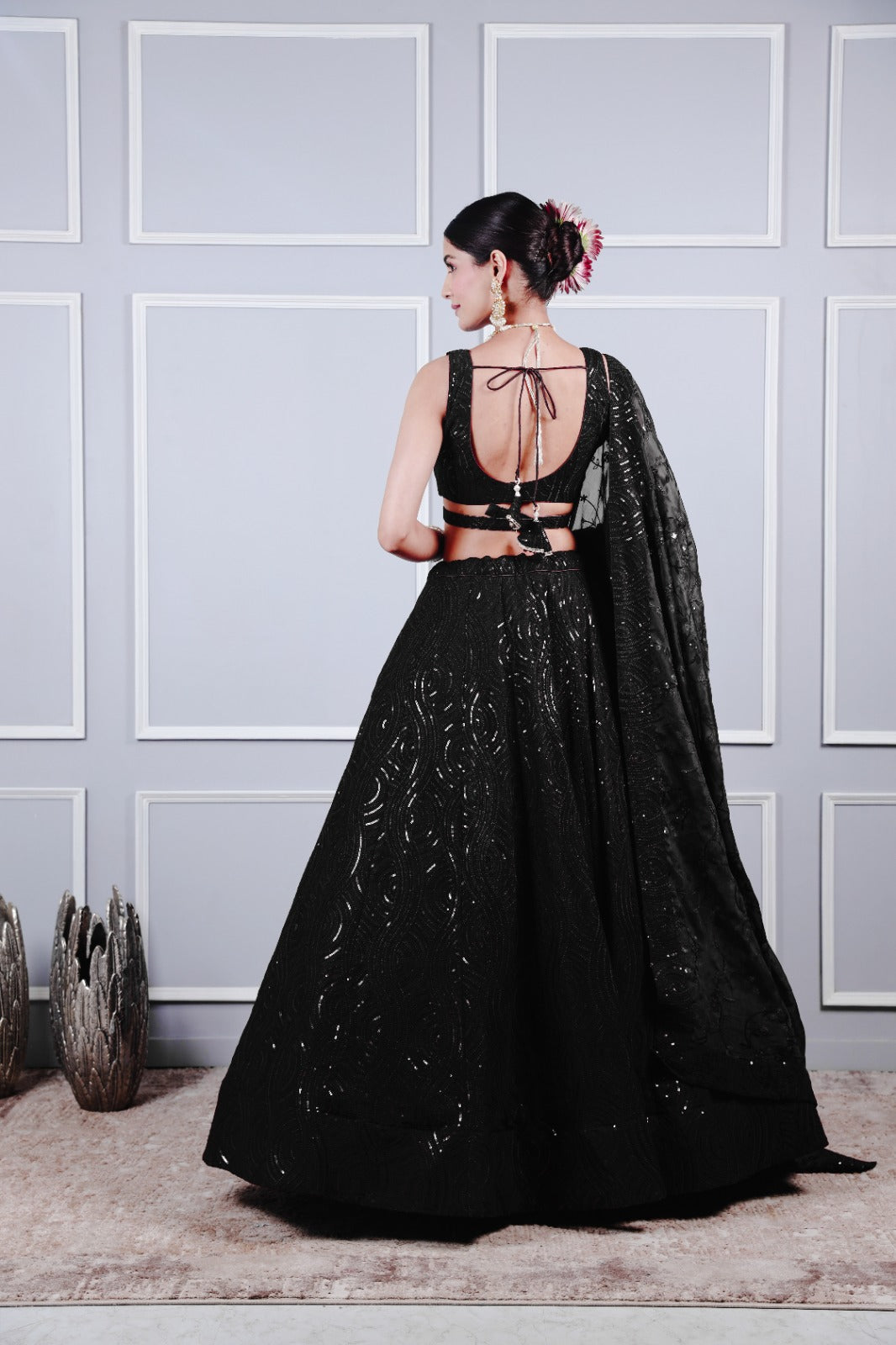 Black Georgette Tone-to-Tone Sequence Embroidery Lehenga Set.