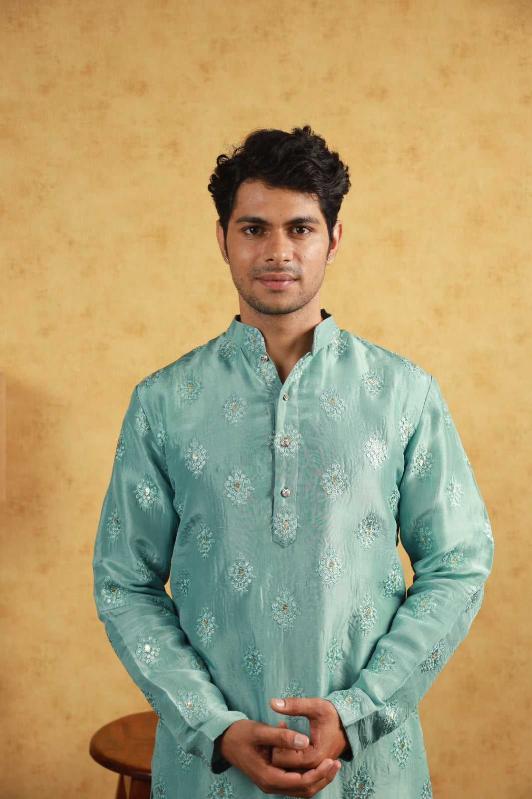 Ocean Sea green silk embroidery kurta set