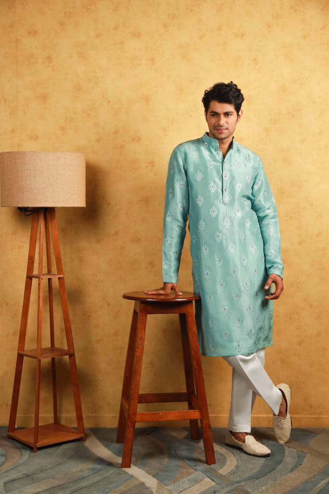 Ocean Sea green silk embroidery kurta set