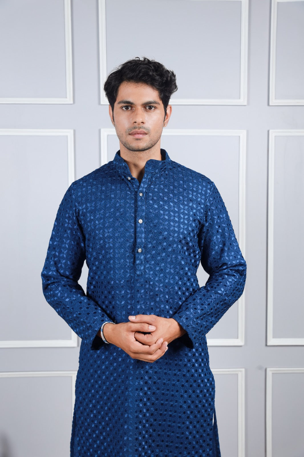 Stunning Dark Blue Georgette Embroidery Kurta Set