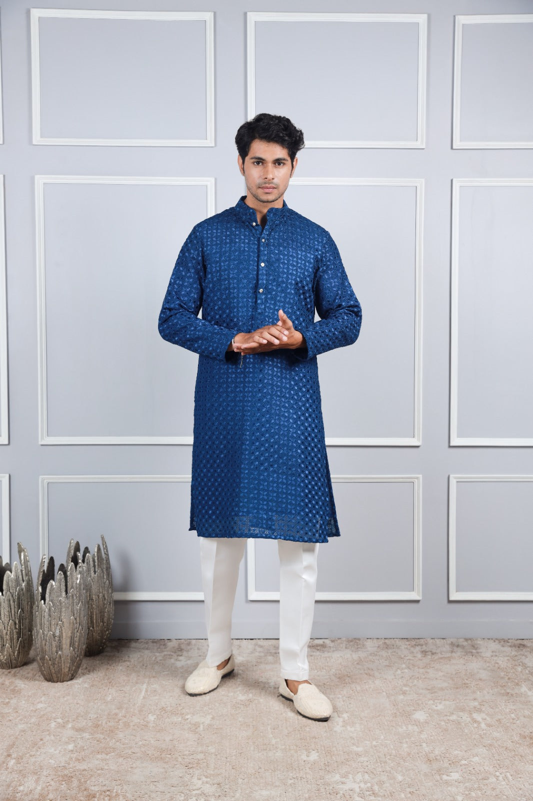 Stunning Dark Blue Georgette Embroidery Kurta Set
