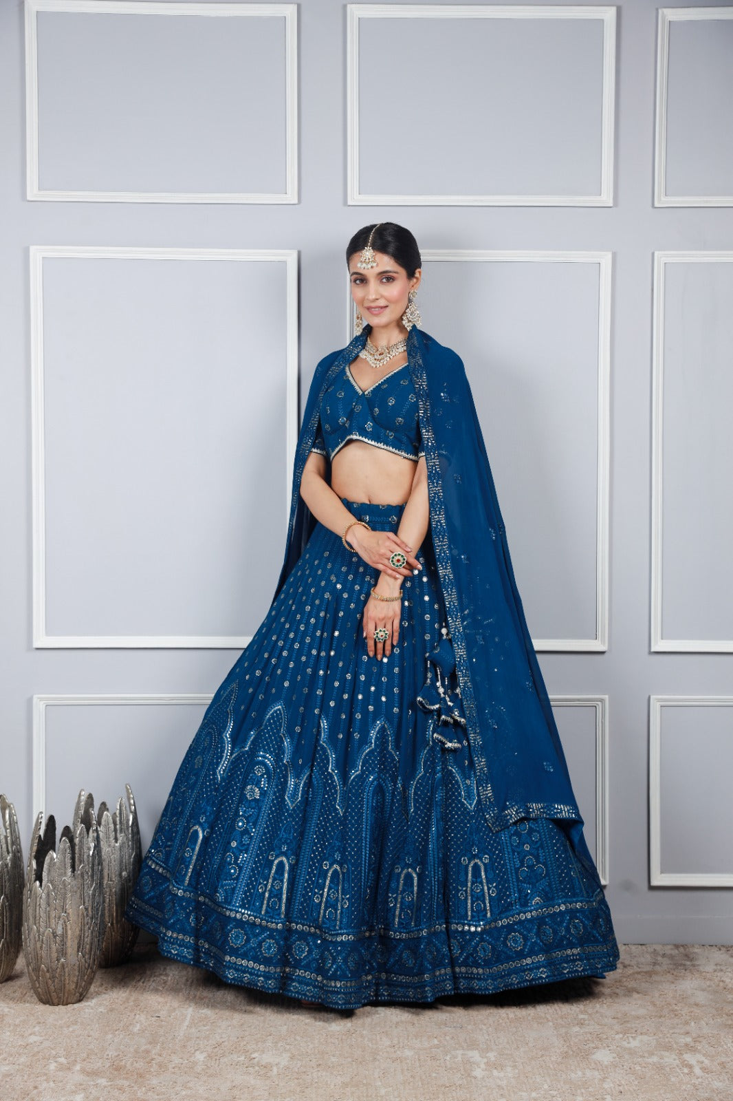 Shiny Teal blue Georgette embroidery lehenga set