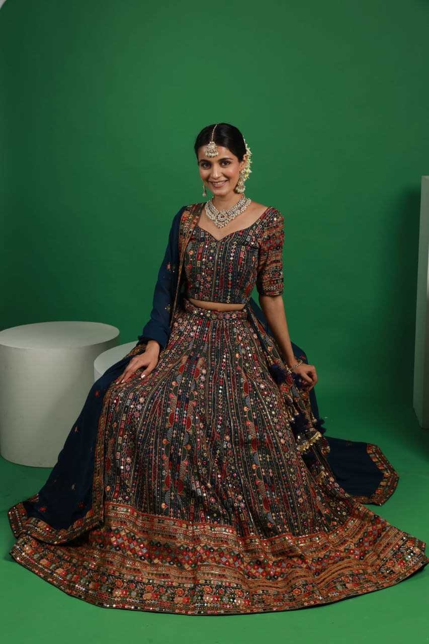 Orchid Teal blue georgette multi embroidery lehenga set