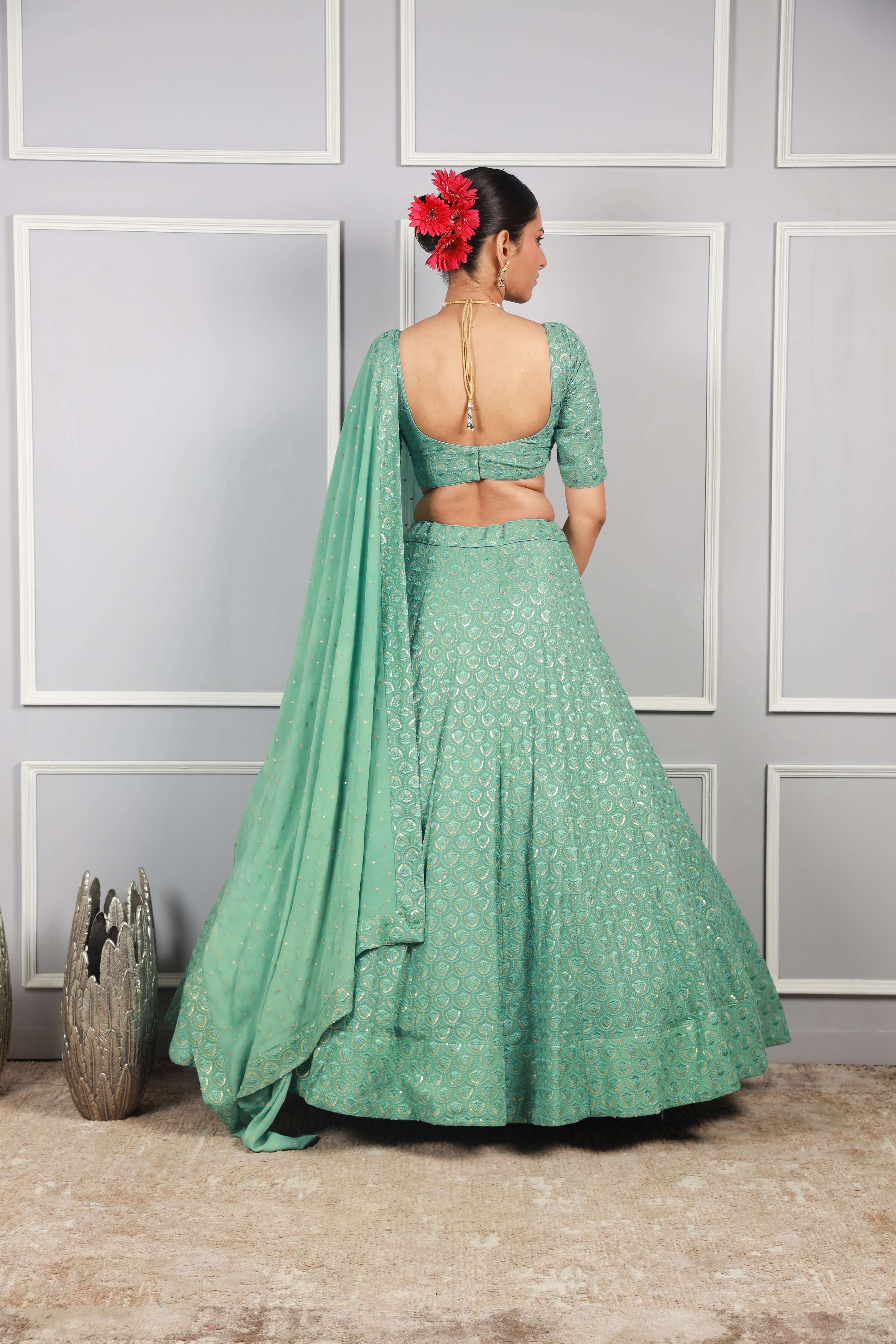 Leafy Sea green georgette chicken work lehenga set