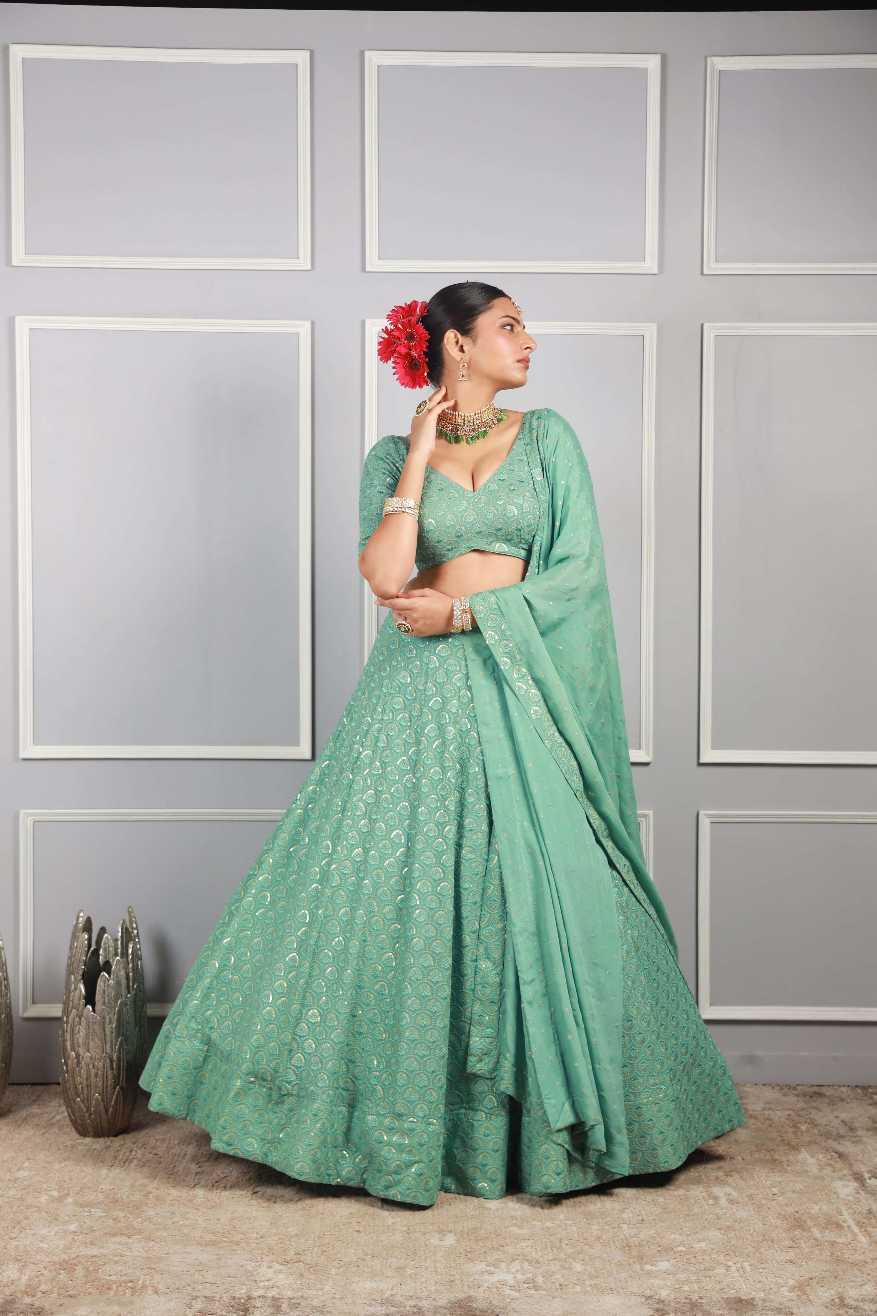 Leafy Sea green georgette chicken work lehenga set