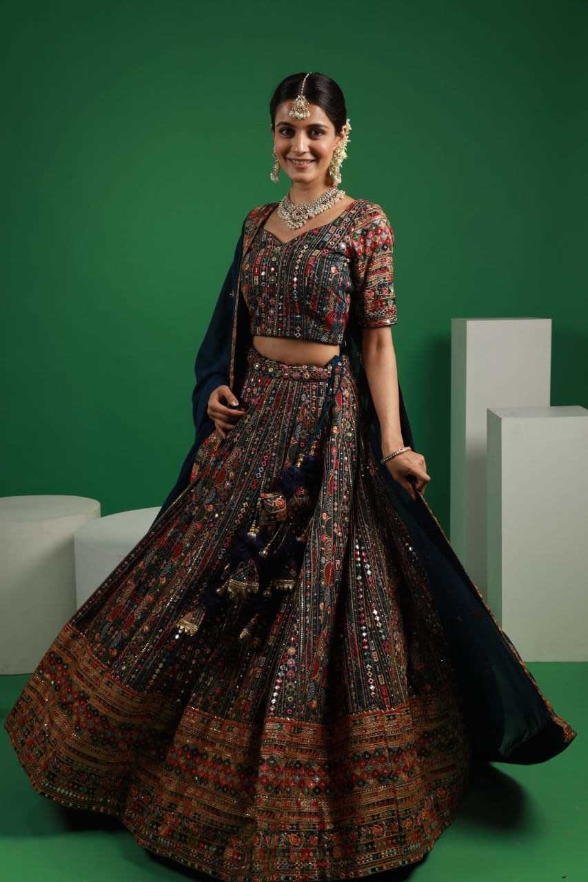 Orchid Teal blue georgette multi embroidery lehenga set