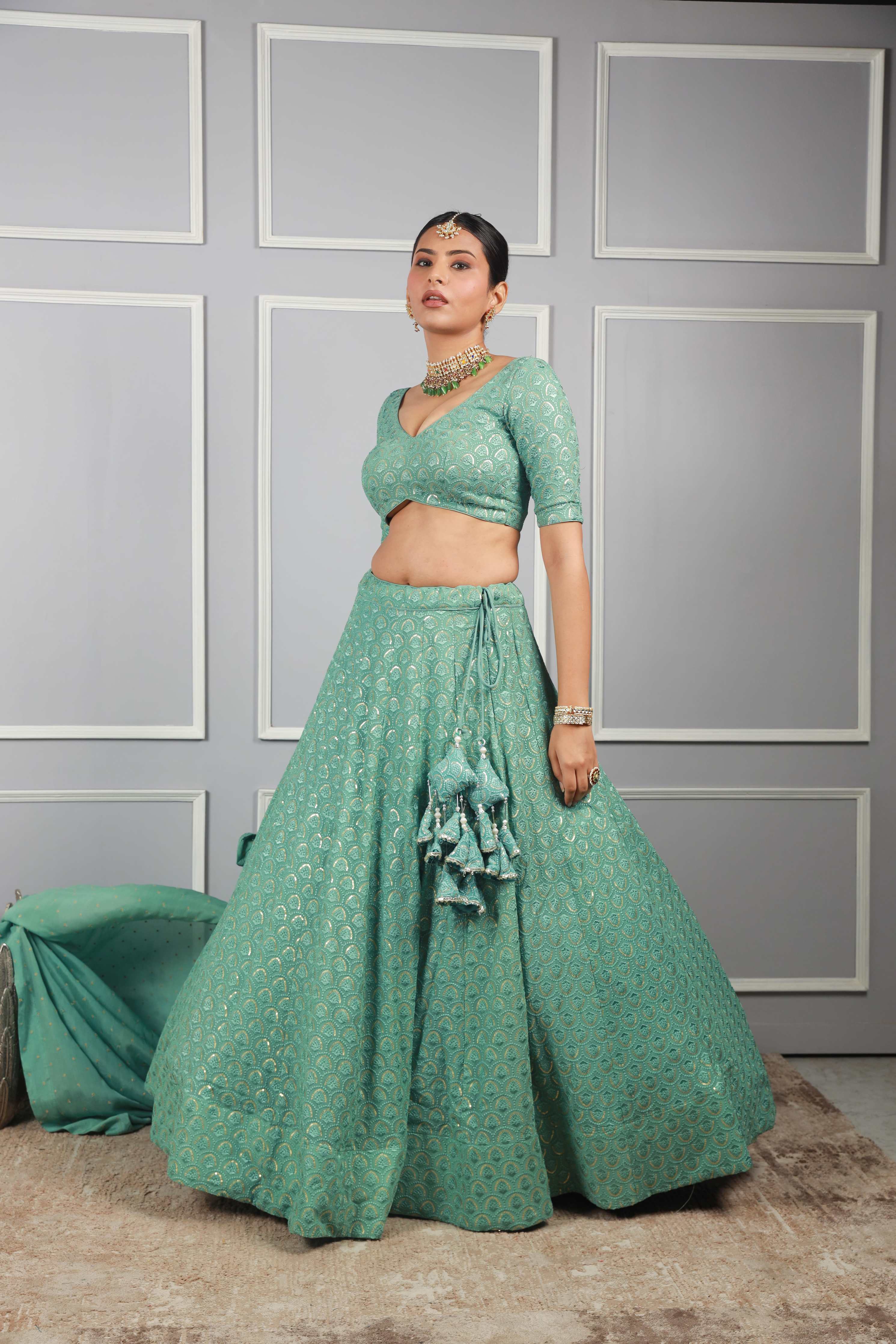 Leafy Sea green georgette chicken work lehenga set