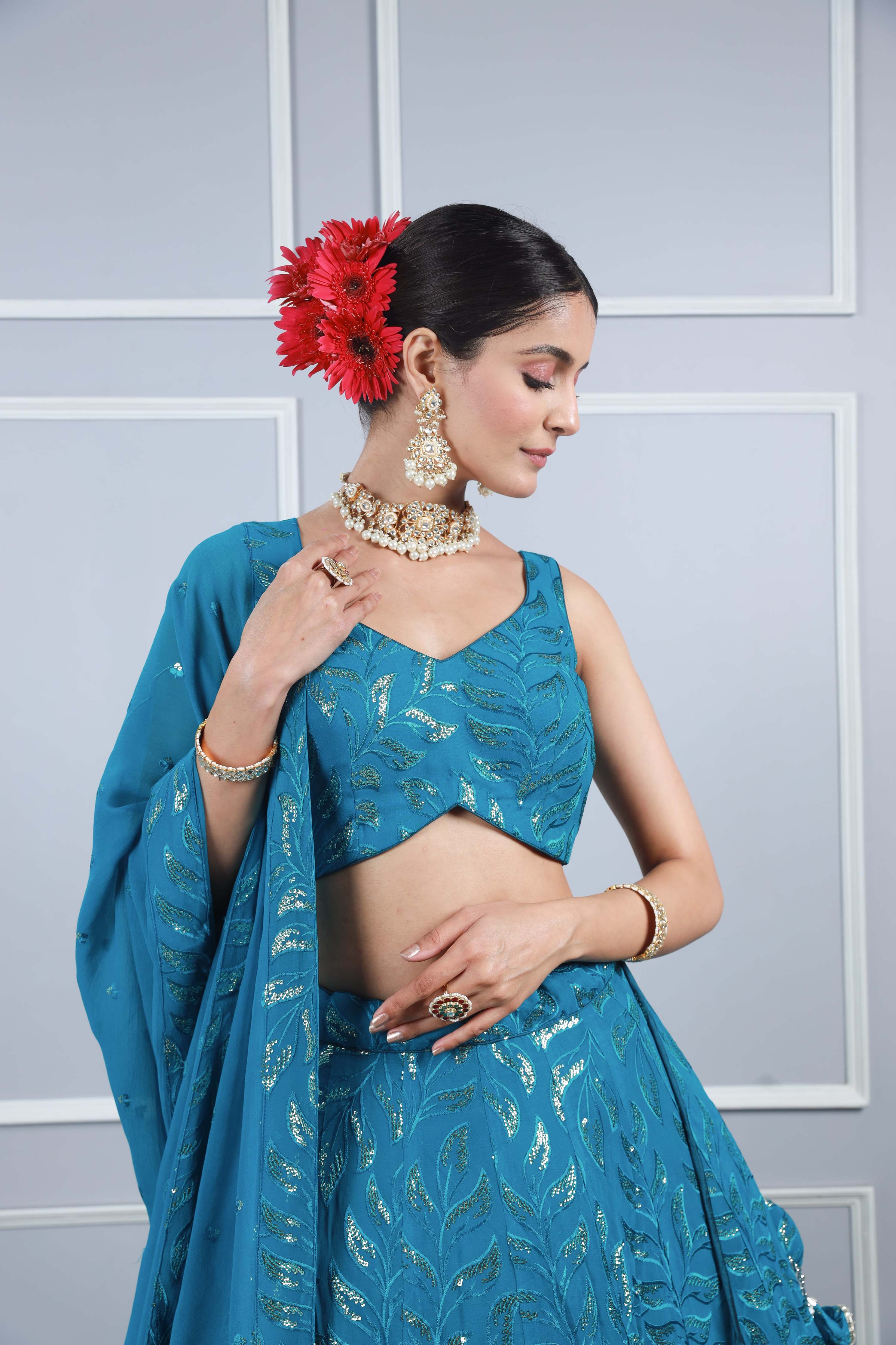 Daisy dark sky blue georgette sequence embroidery lehenga set