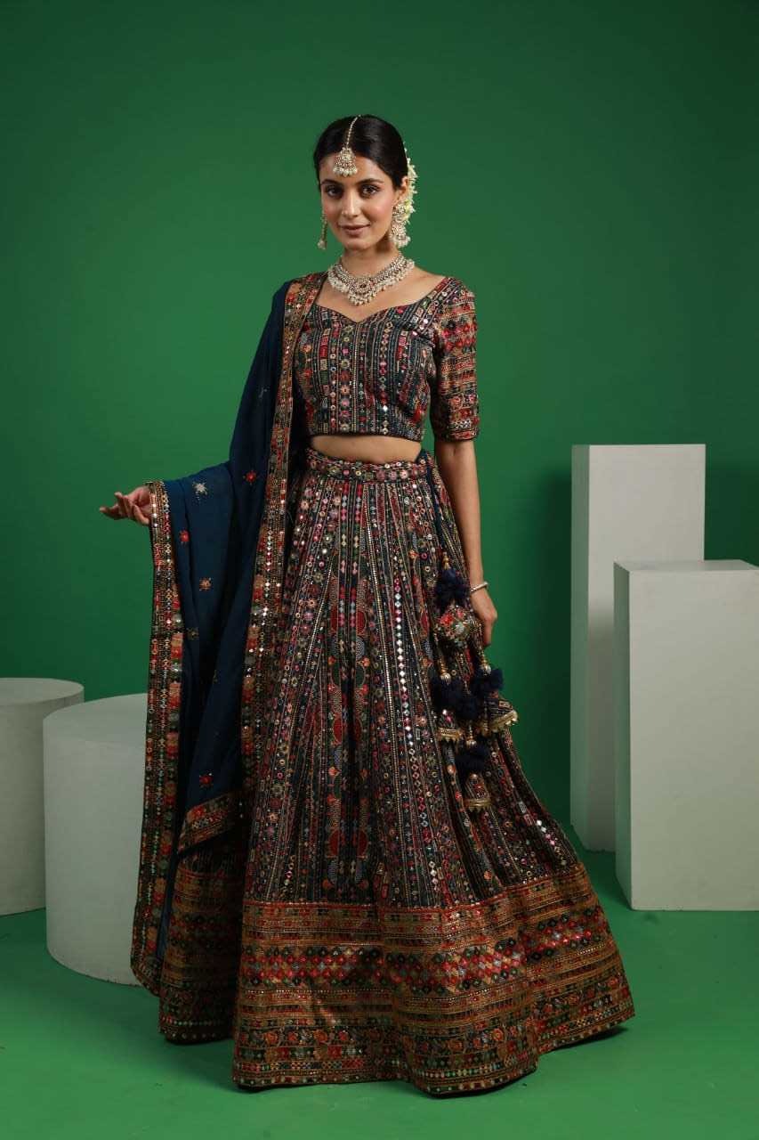 Orchid Teal blue georgette multi embroidery lehenga set
