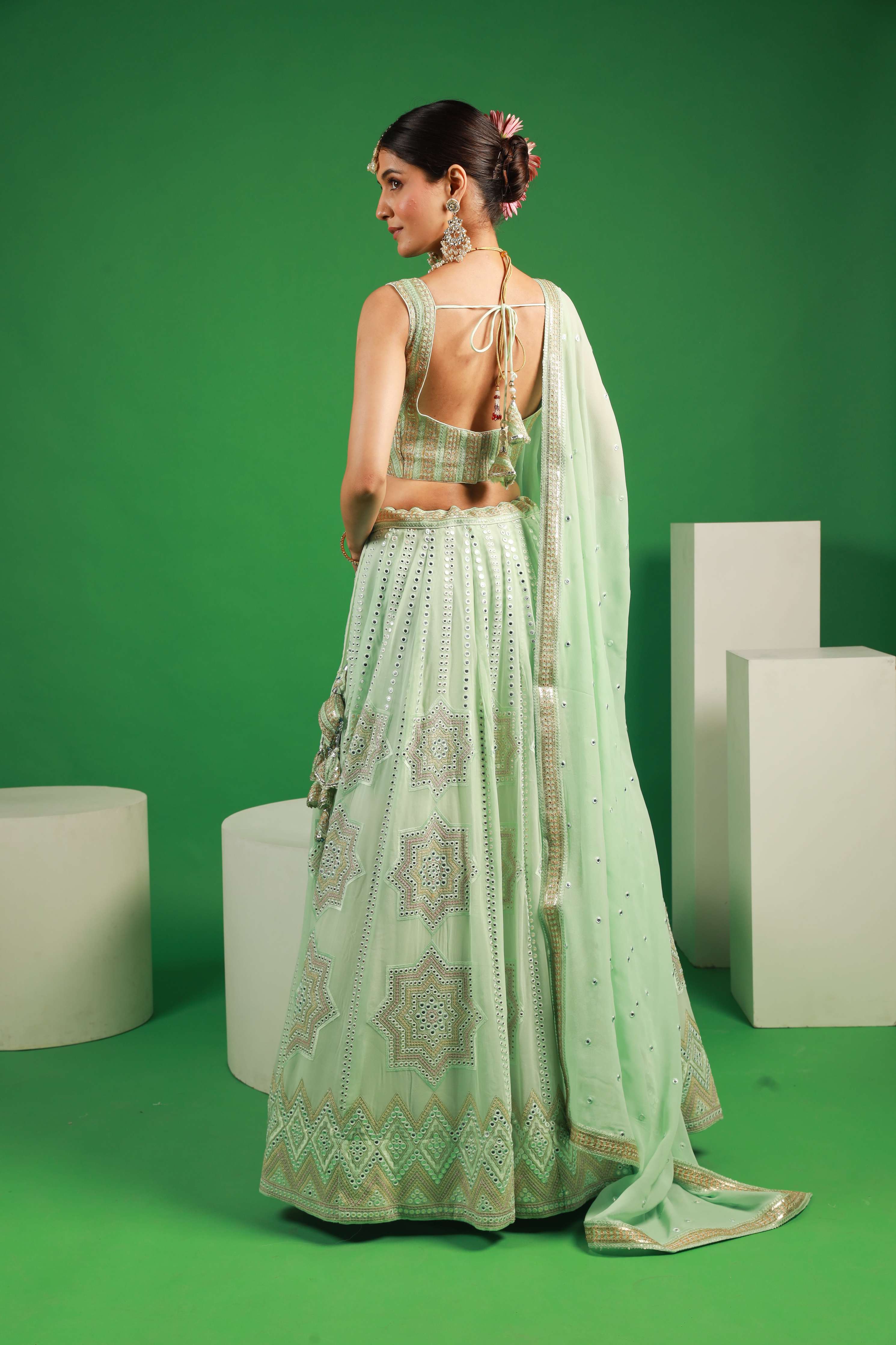 Glam Pista green Multi star mirror embroidery couple set