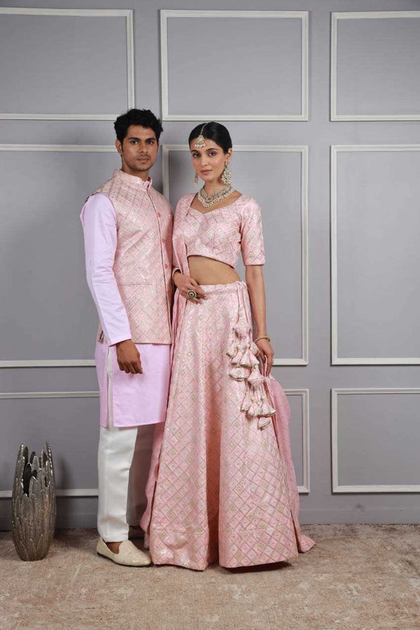 Raza Pink Satin silk MultI checks couple set