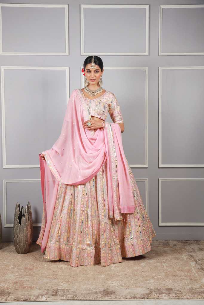 Ragi Pink Georgette Multi Mirror Embroidery Lehenga Set