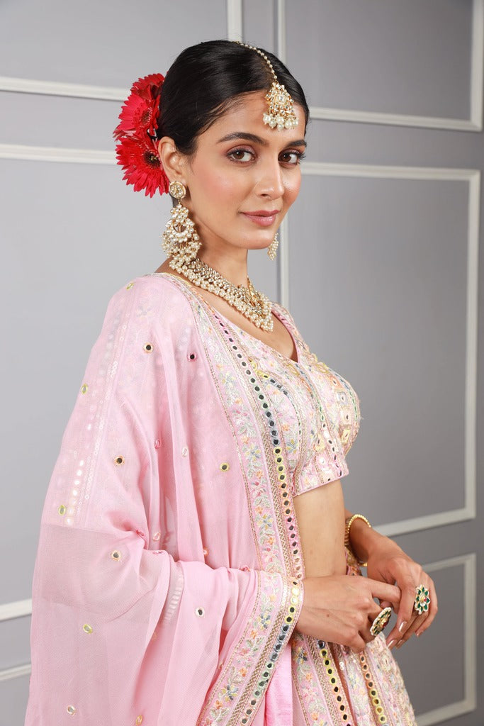 Ragi Pink Georgette Multi Mirror Embroidery Lehenga Set