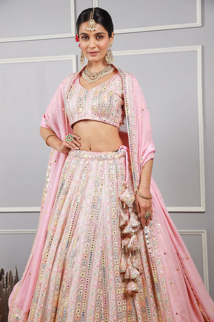 Ragi Pink Georgette Multi Mirror Embroidery Lehenga Set