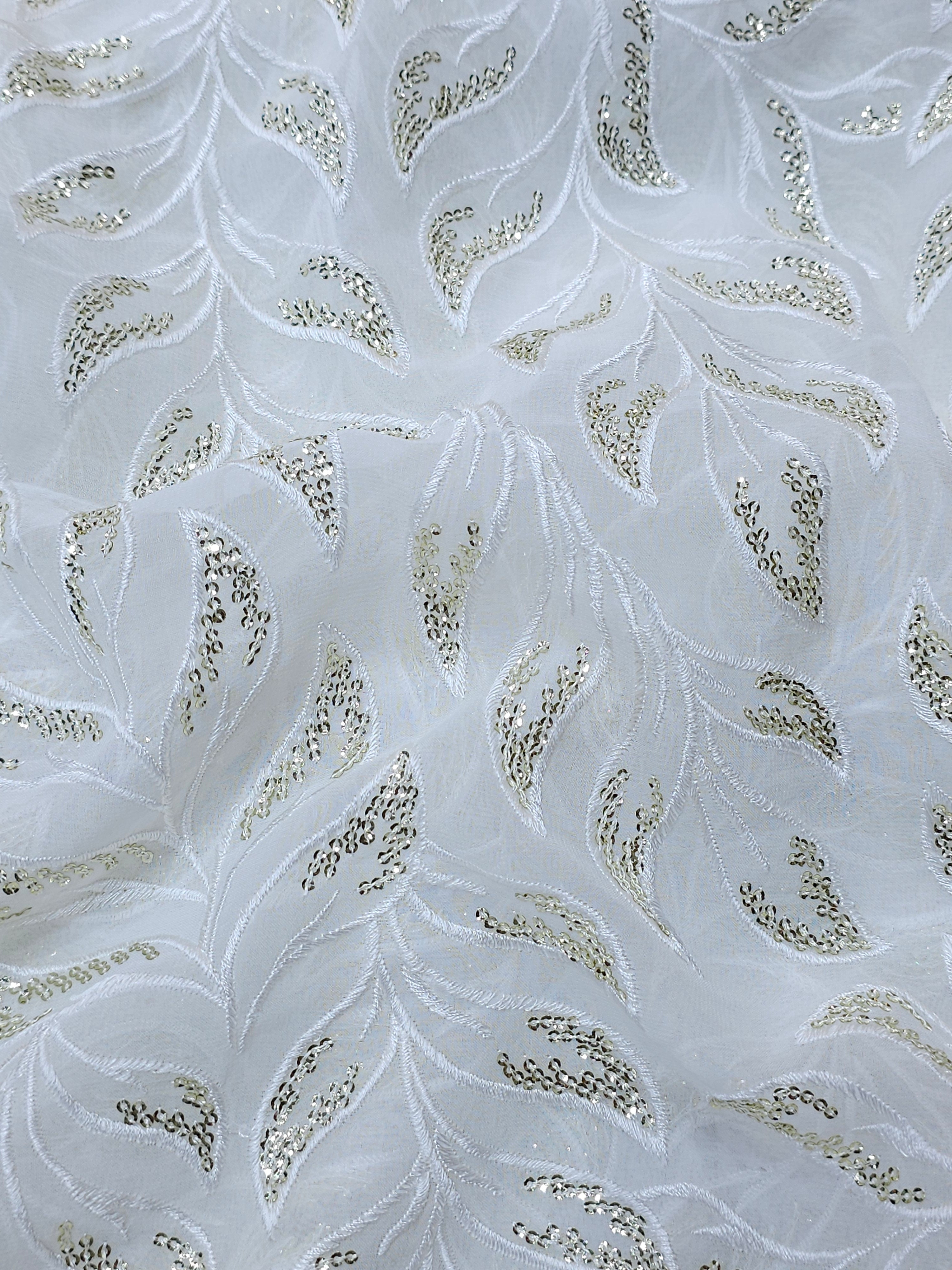 Dyeable Georgette Sequins Thread Leaf Work Embroidery ( Price Per Meter )