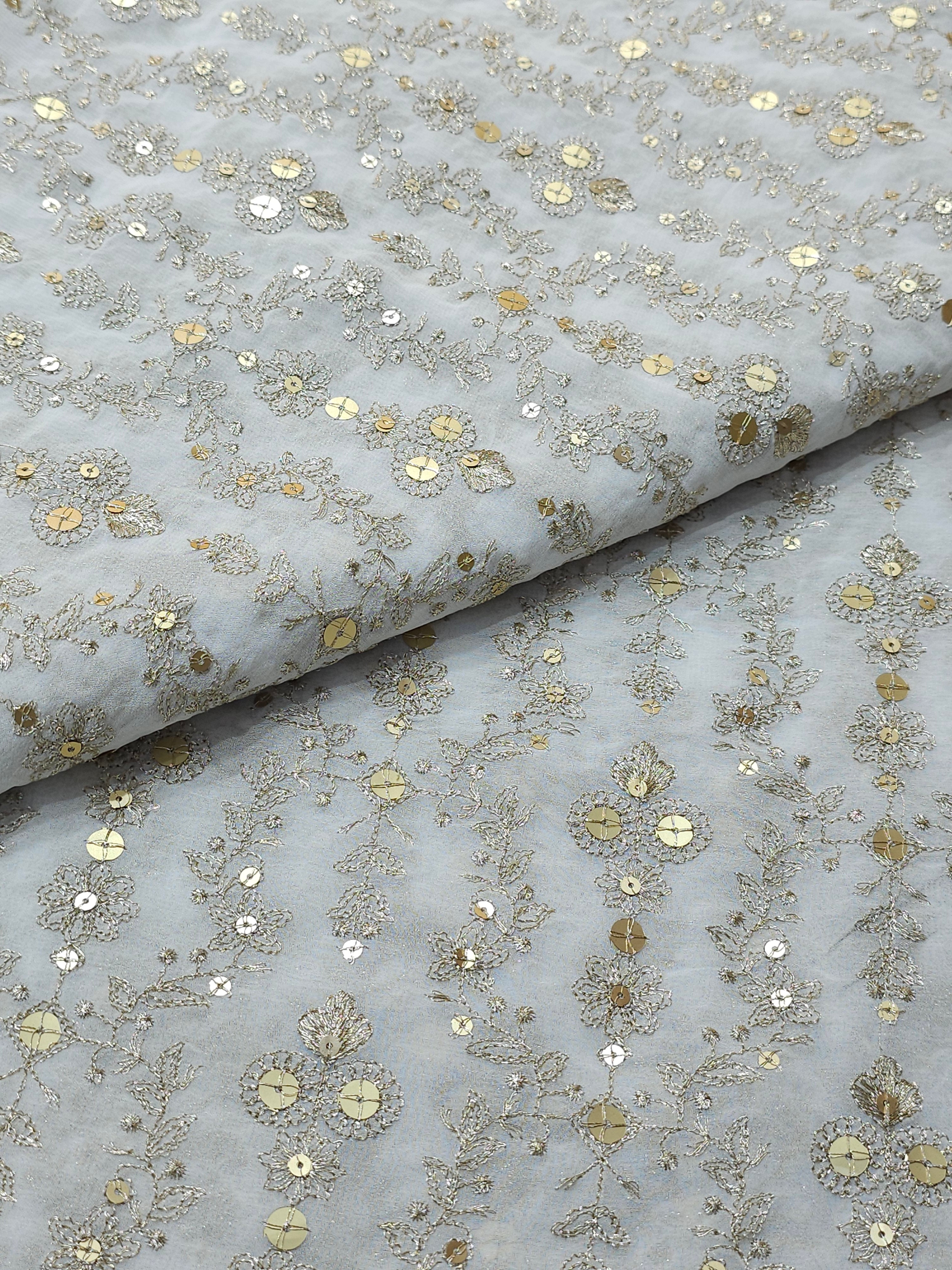 Dyeable Georgette Lines Sequins Work ( Price Per Meter )