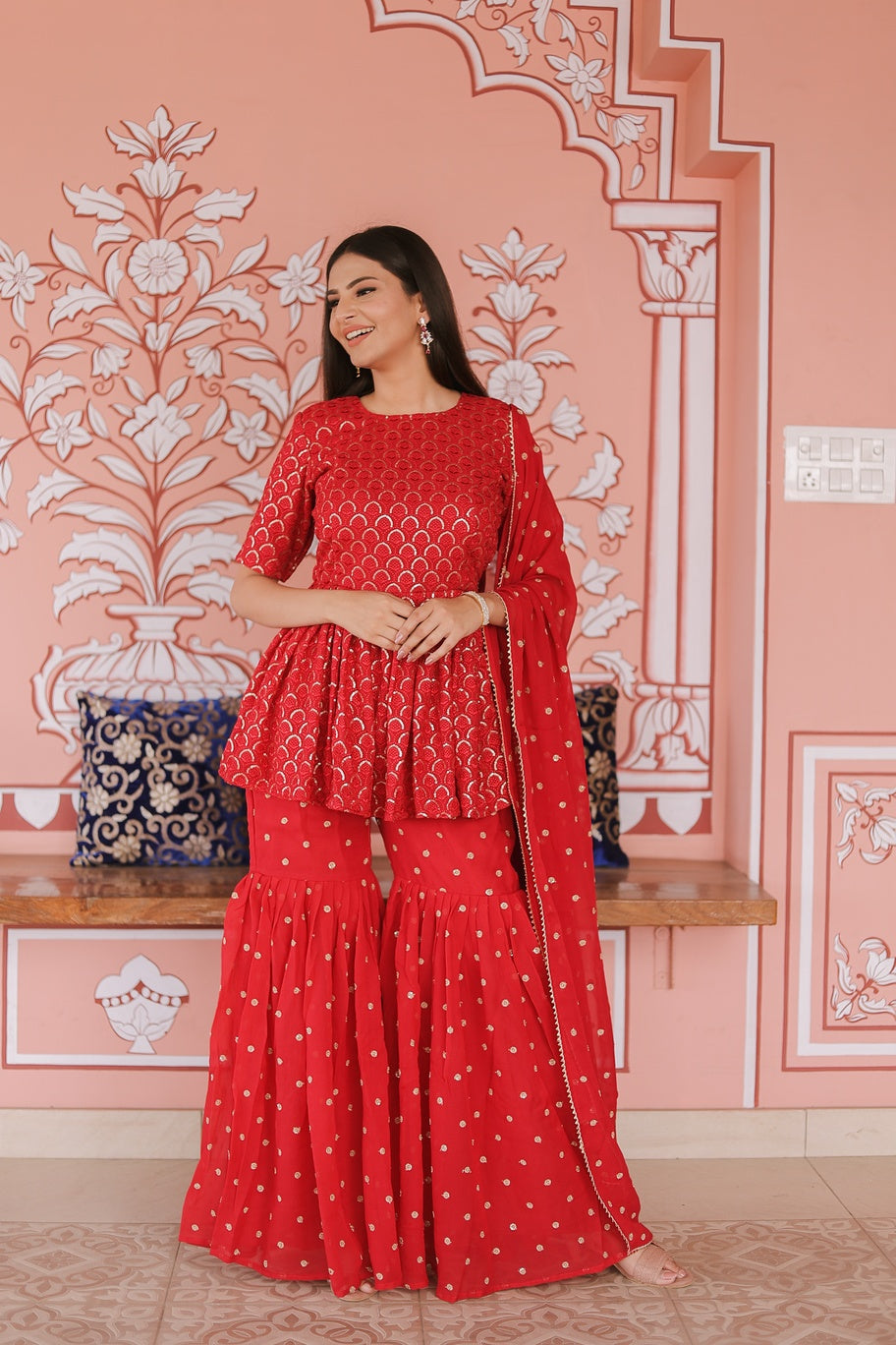 Reddish Georgette Chikankari Gharara Set