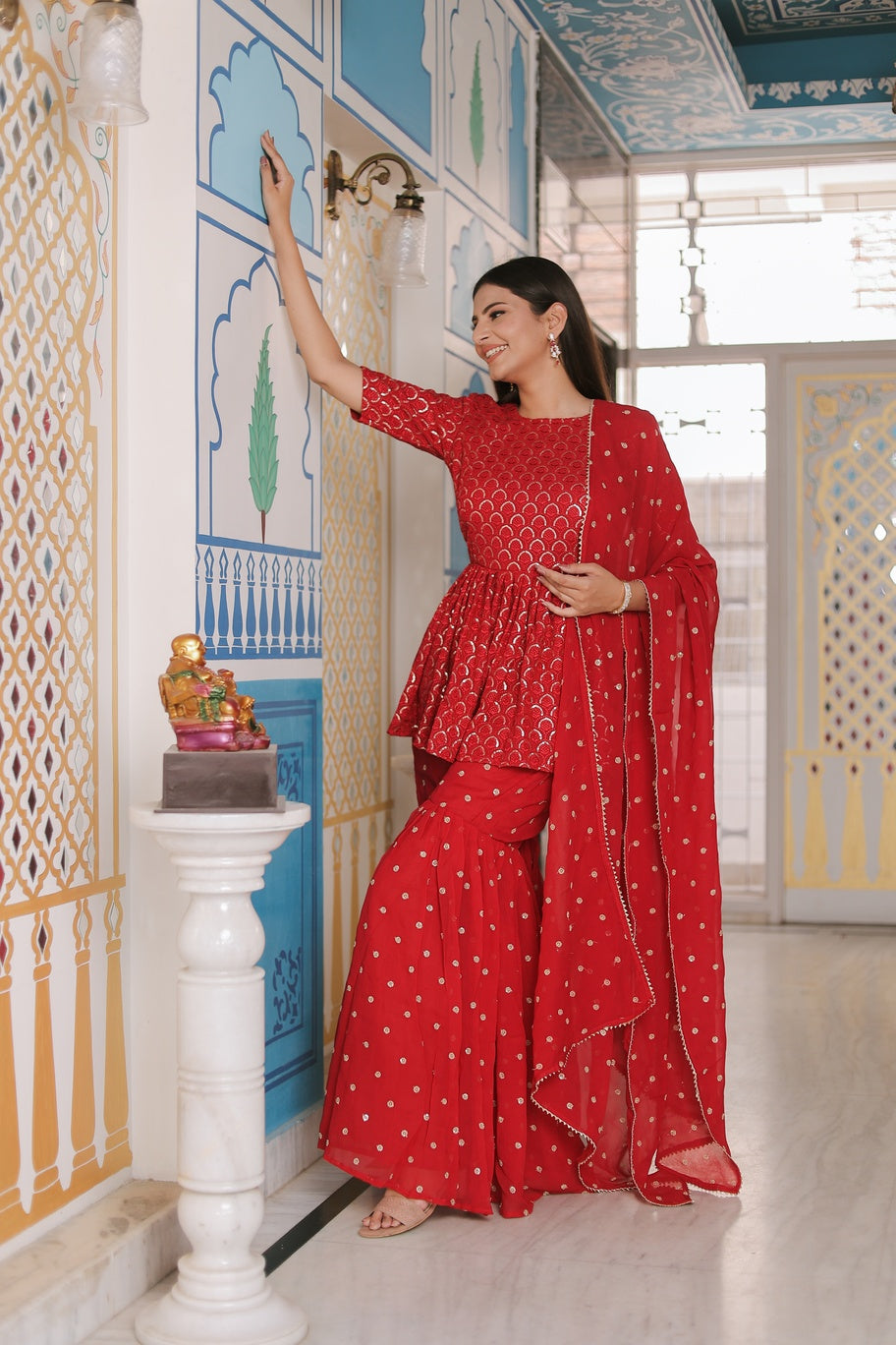 Reddish Georgette Chikankari Gharara Set