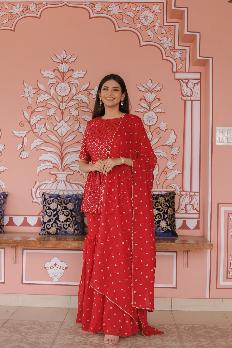 Reddish Georgette Chikankari Gharara Set
