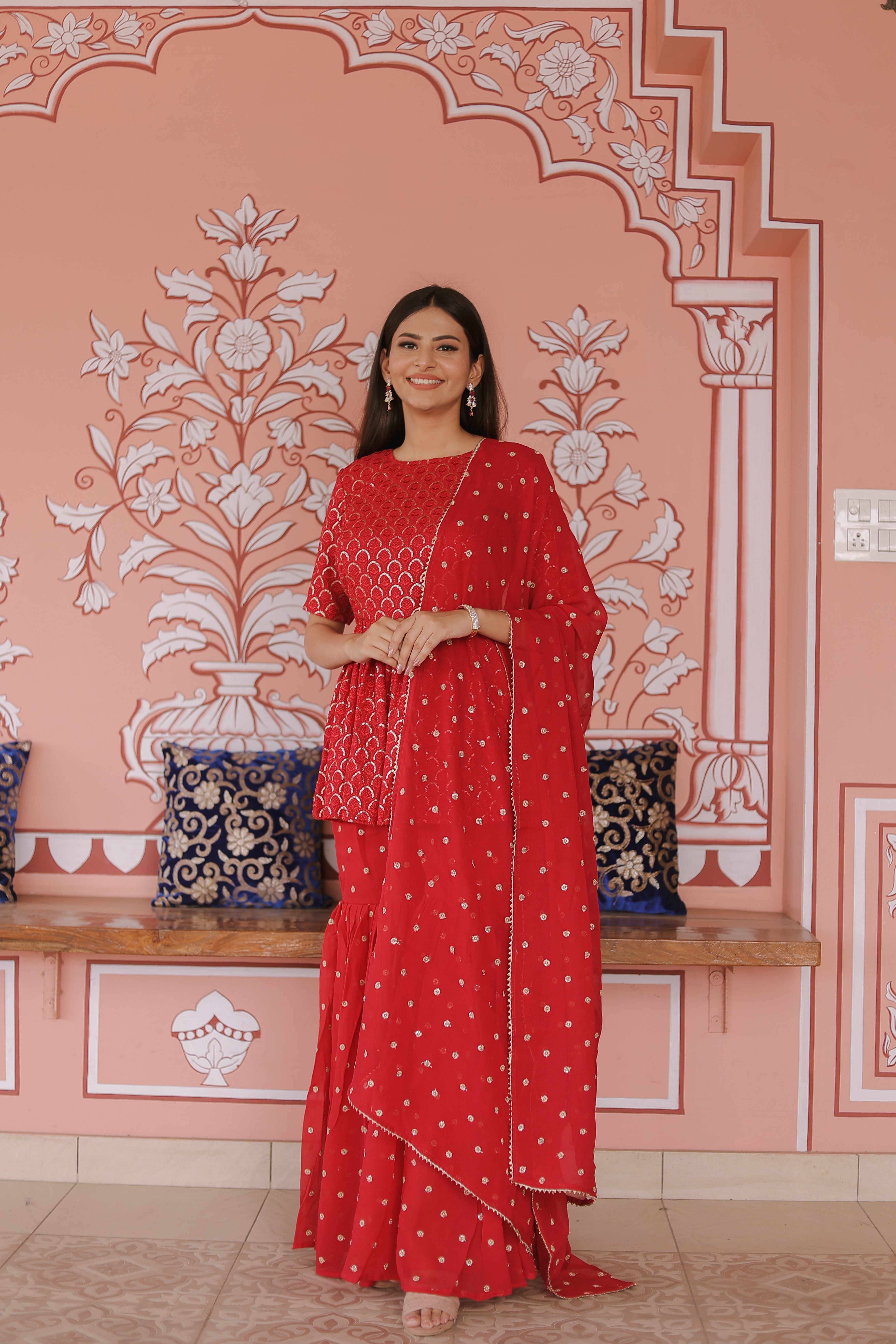 Reddish Georgette Chikankari Gharara Set
