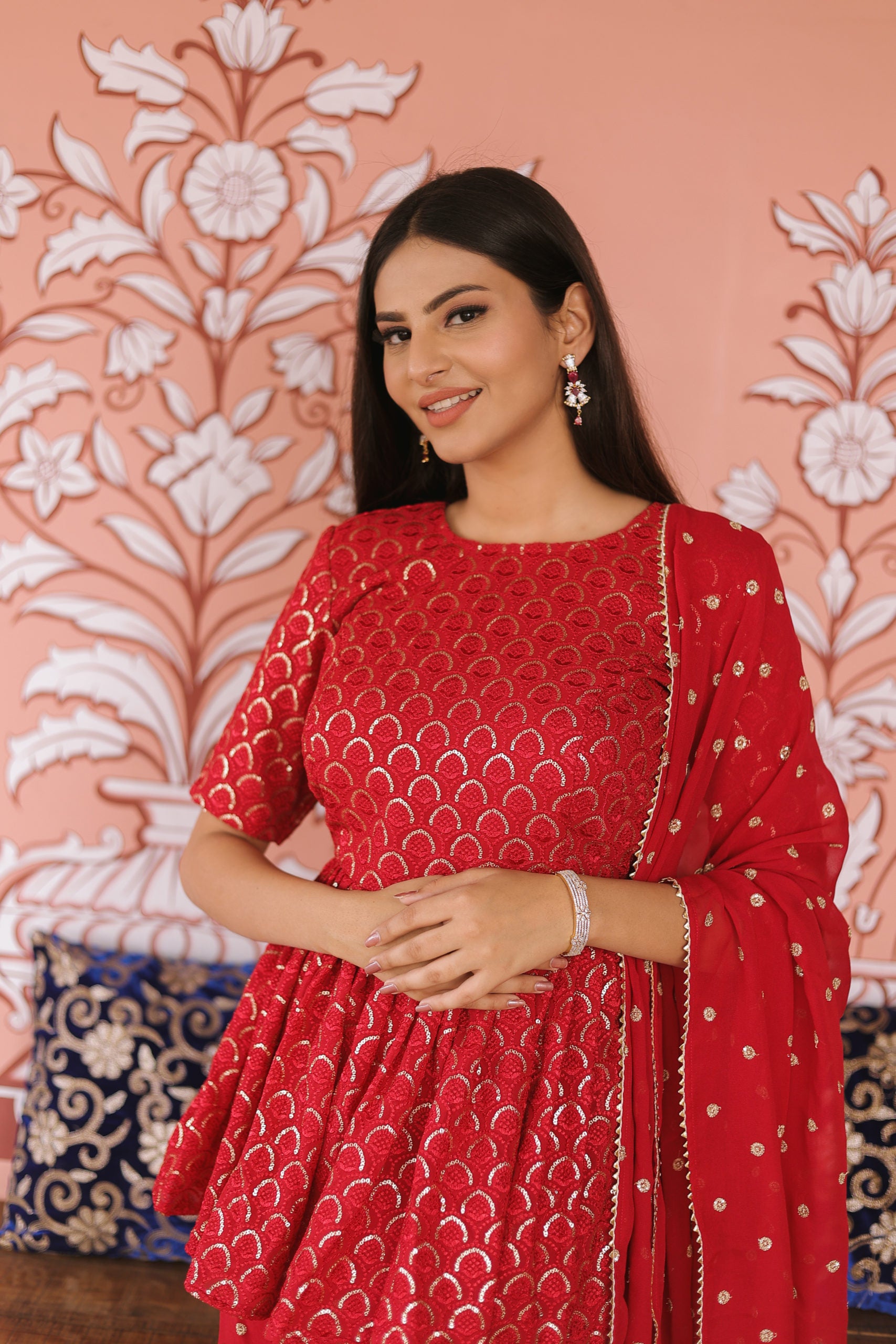 Reddish Georgette Chikankari Gharara Set