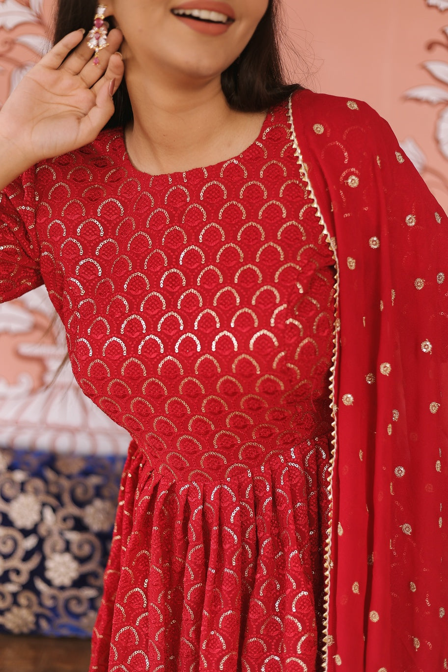 Reddish Georgette Chikankari Gharara Set