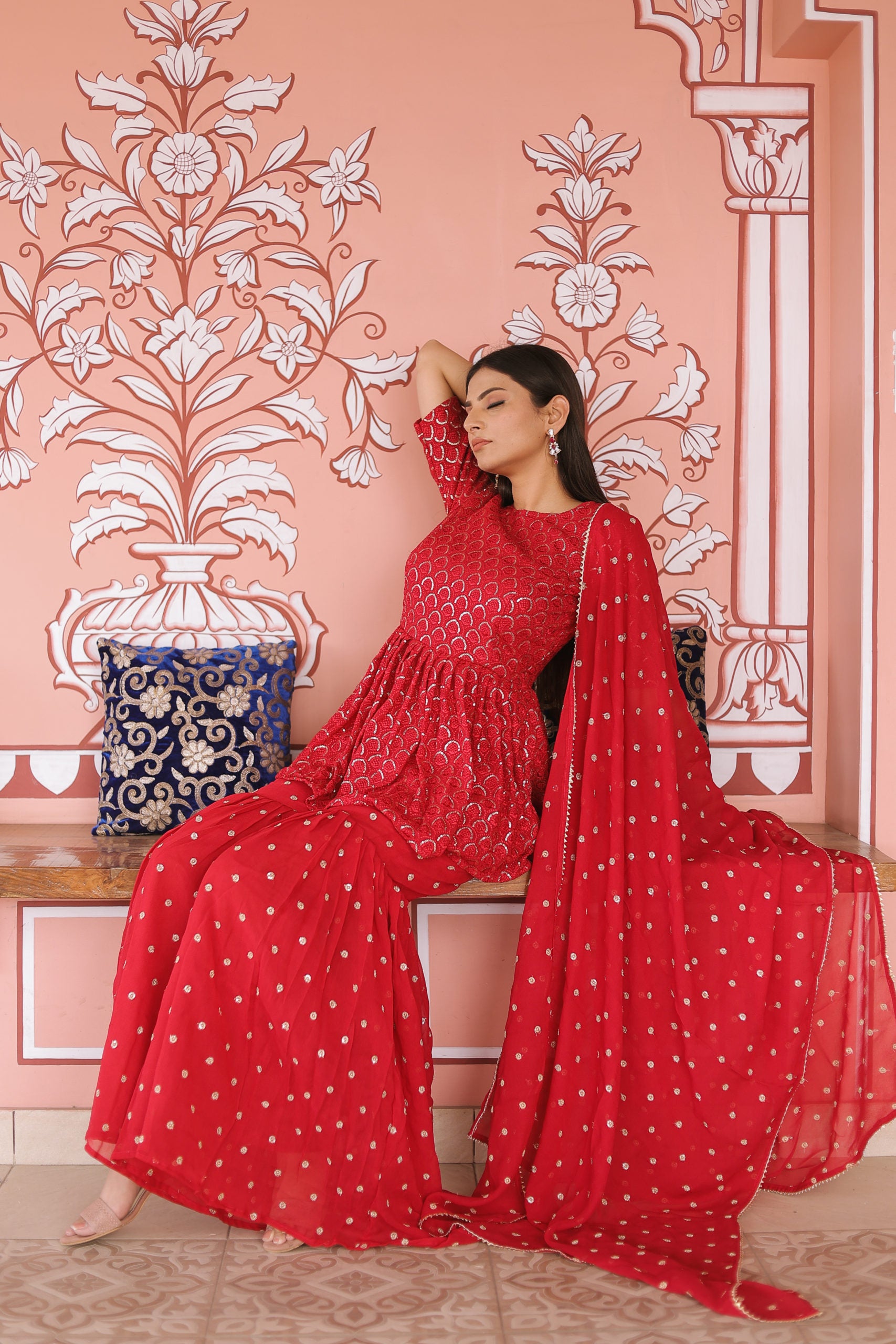 Reddish Georgette Chikankari Gharara Set