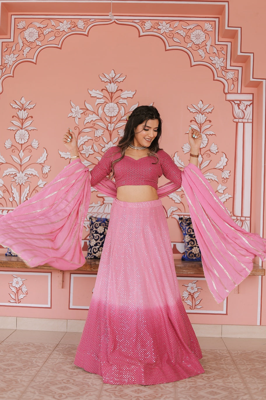 Silk Embroidery Shaded Lehenga Set