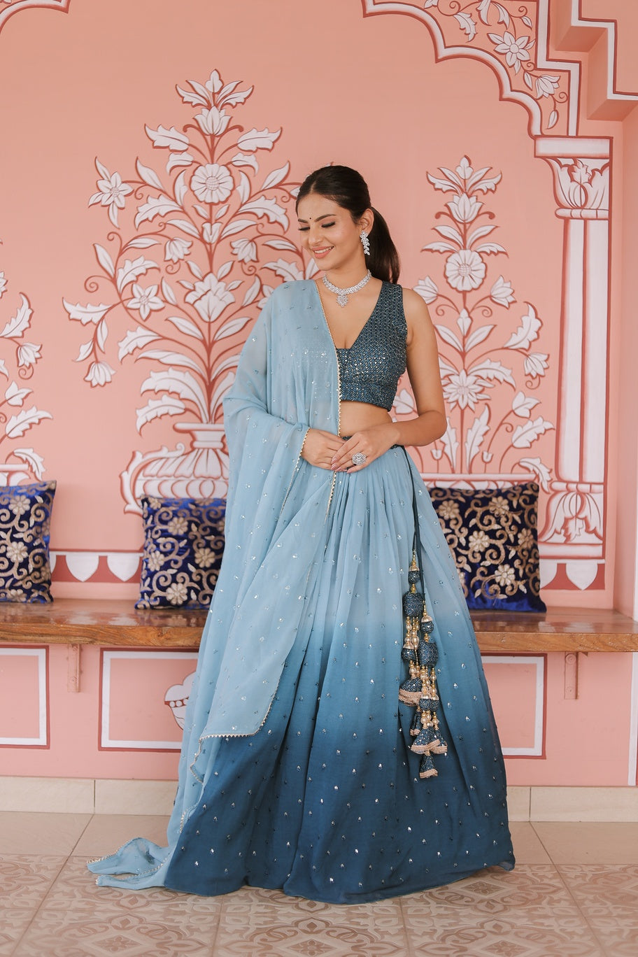 Ombre Georgette Embroidered Lehenga Set