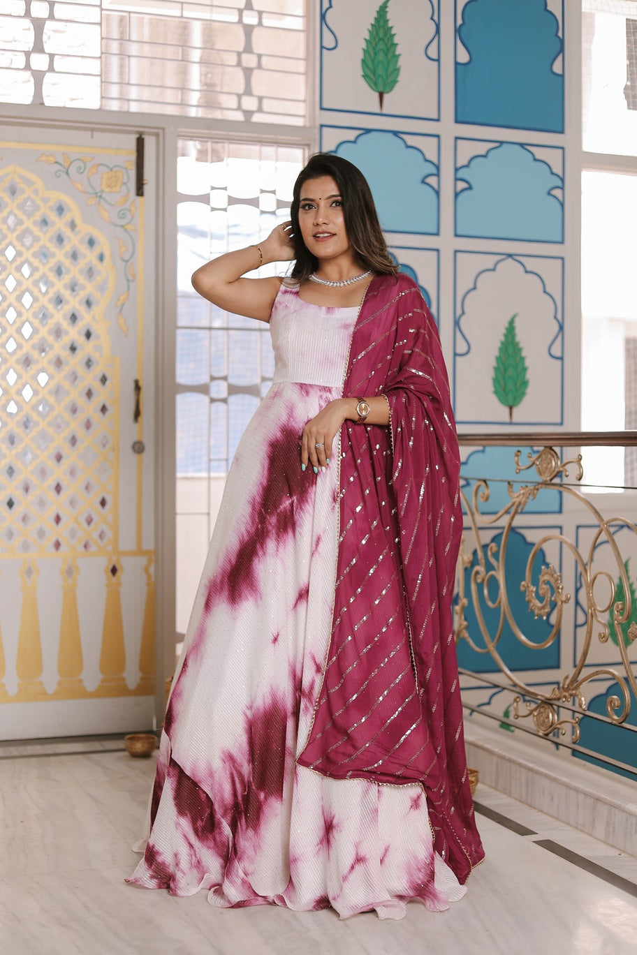 Georgette Wine Shibori Gown Set