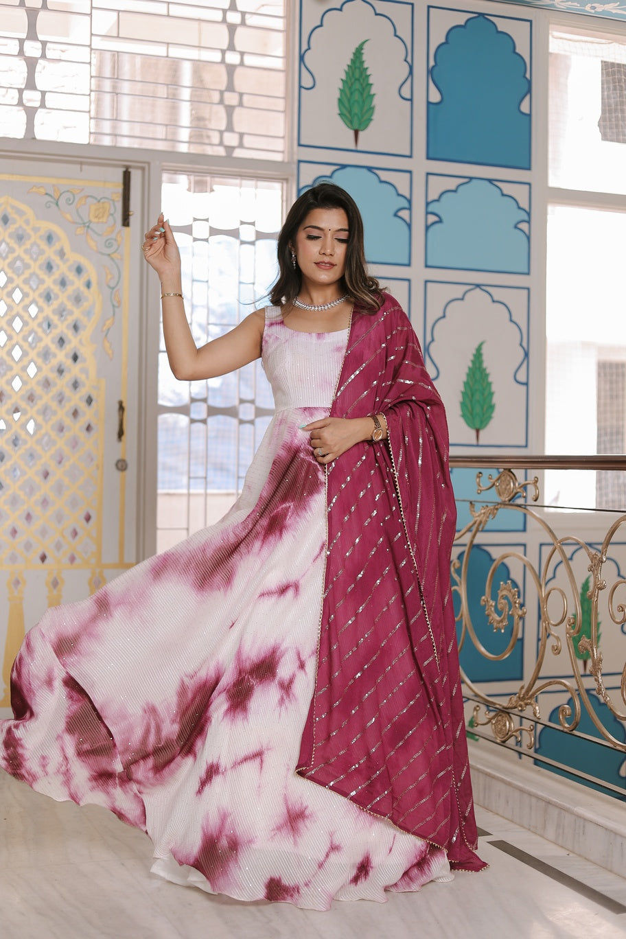 Georgette Wine Shibori Gown Set