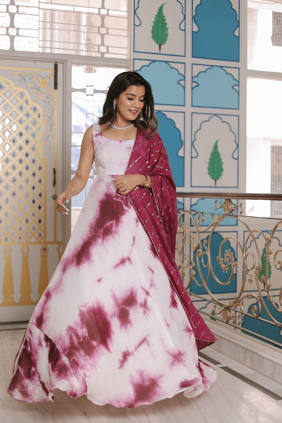 Georgette Wine Shibori Gown Set