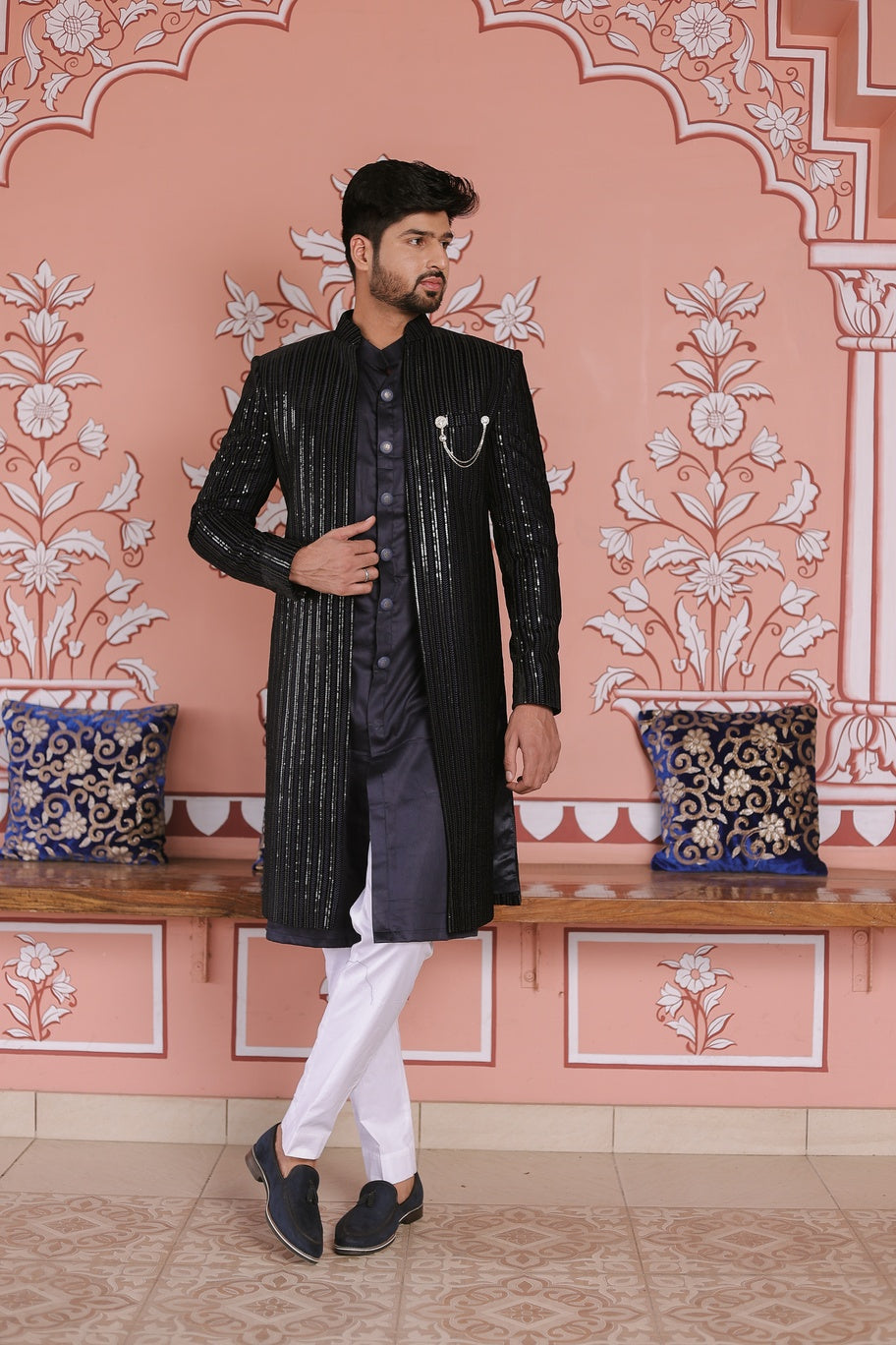 navy Blue Velvet Sherwani