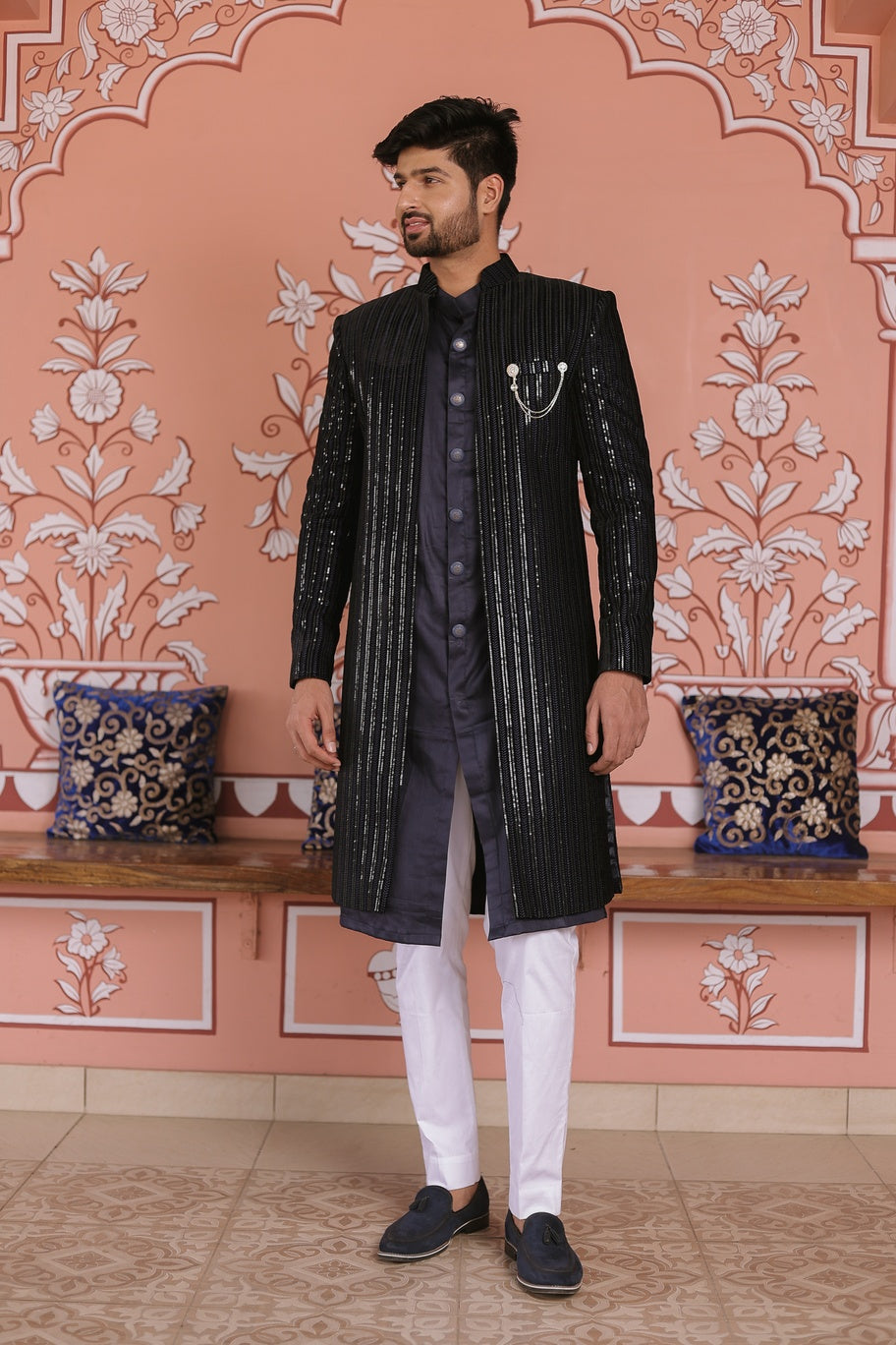 navy Blue Velvet Sherwani