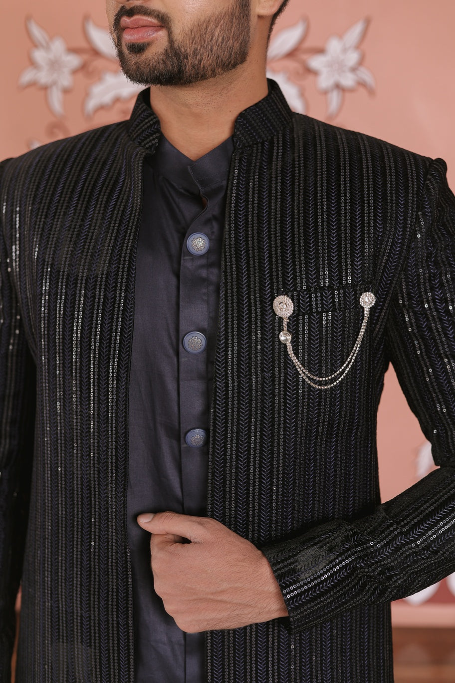 navy Blue Velvet Sherwani